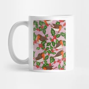 Paper cut robins in a holly tree repeat pattern Mug